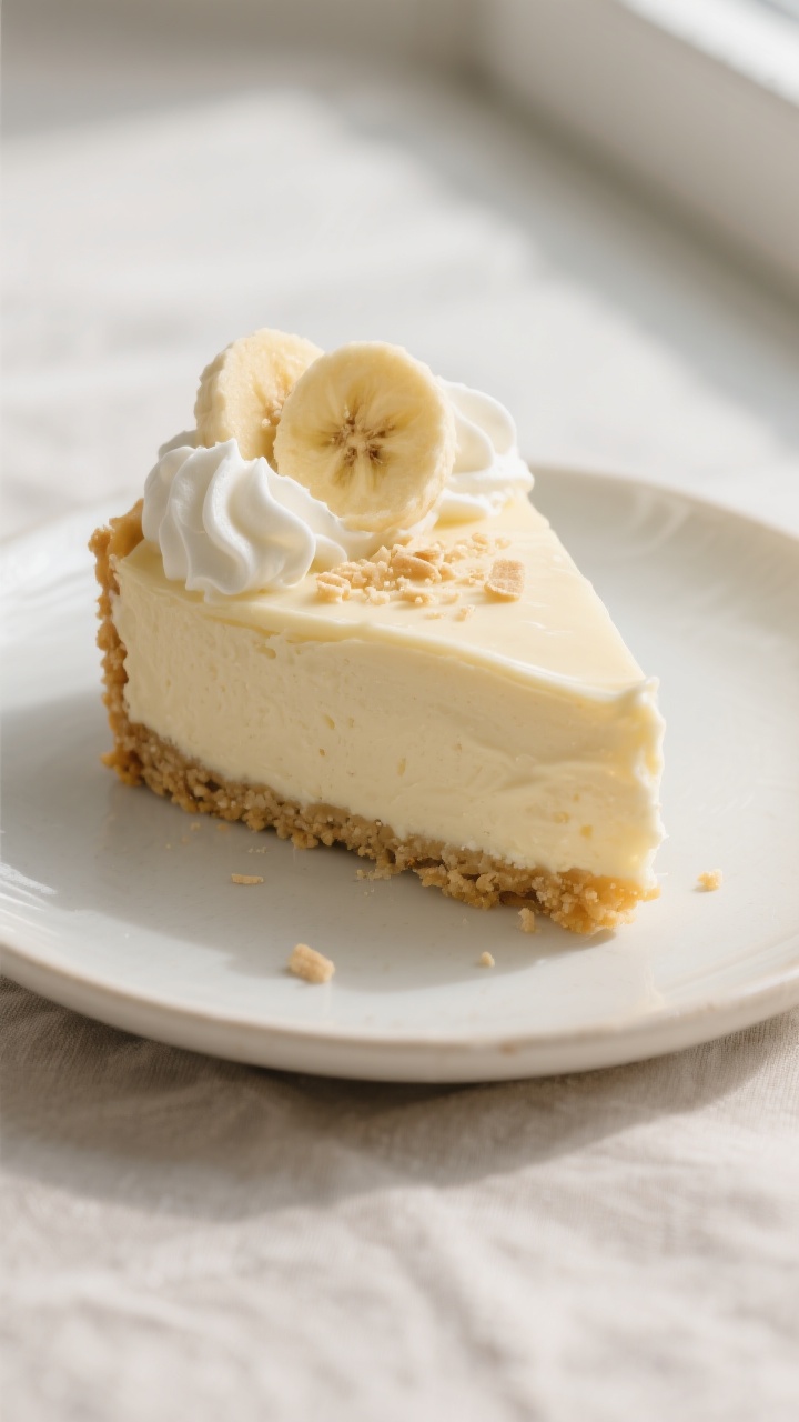 Close-up detail shot: A slice of banana pudding cheesecake just after chilling, showing ultra-creamy