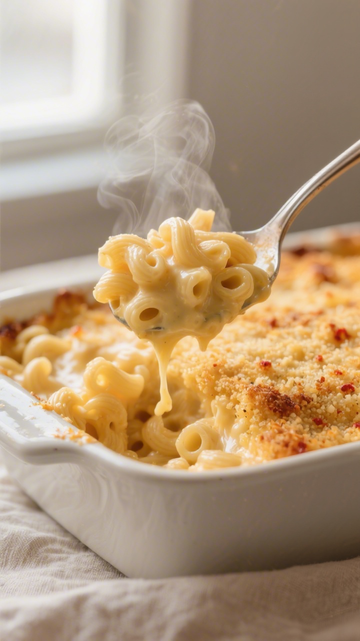 Close-up detail shot: A spoonful lift of baked mac and cheese emerging from a casserole, showing cre