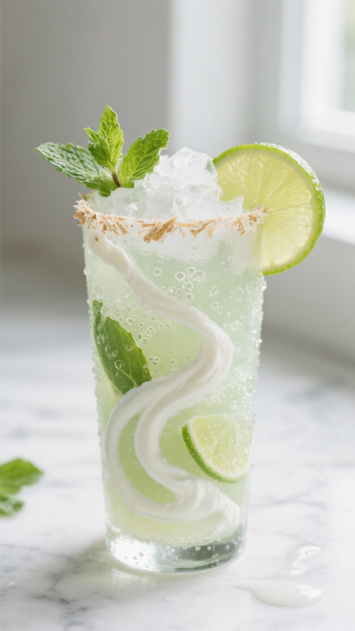 Close-up detail shot of a finished Tropical Coconut Mojito just after the final stir: crushed ice mo