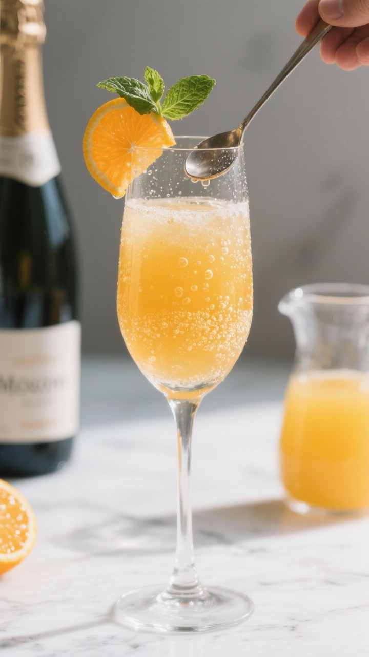 Close-up detail shot of a freshly prepared mockmosa being finished: a chilled champagne flute three-