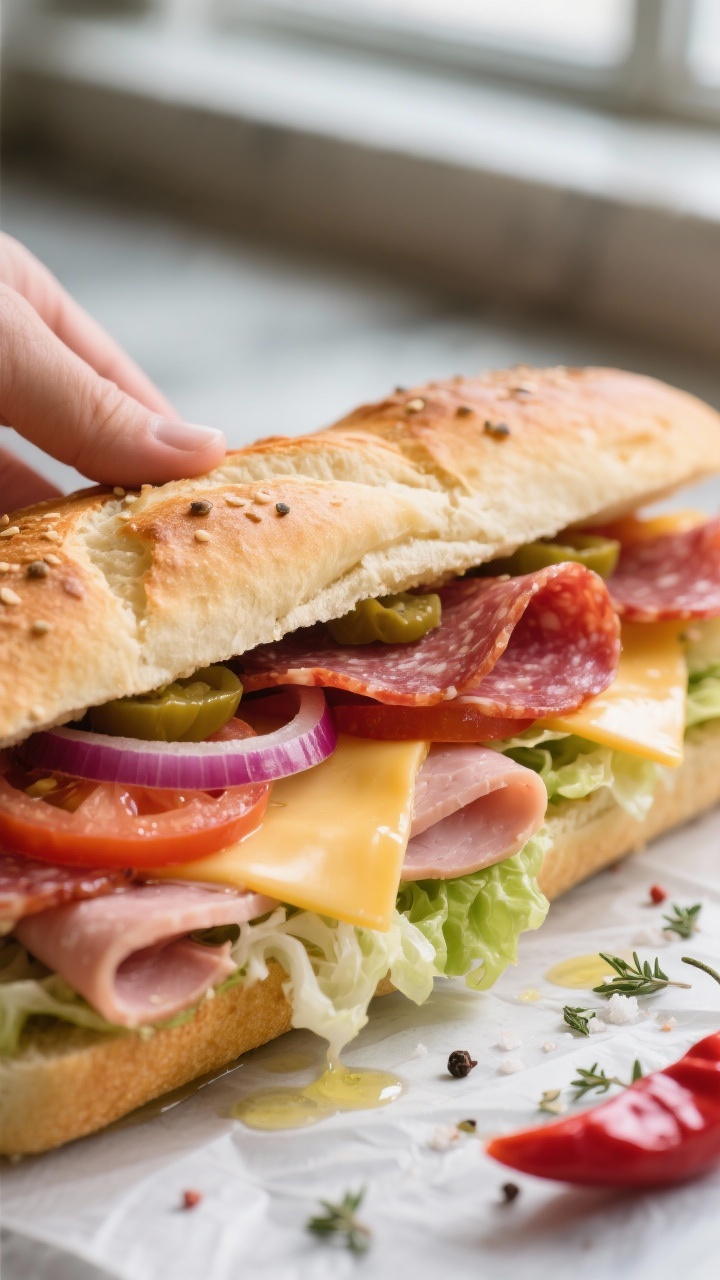 Close-up detail shot of a fully assembled Italian hoagie being gently pressed closed after dressing,
