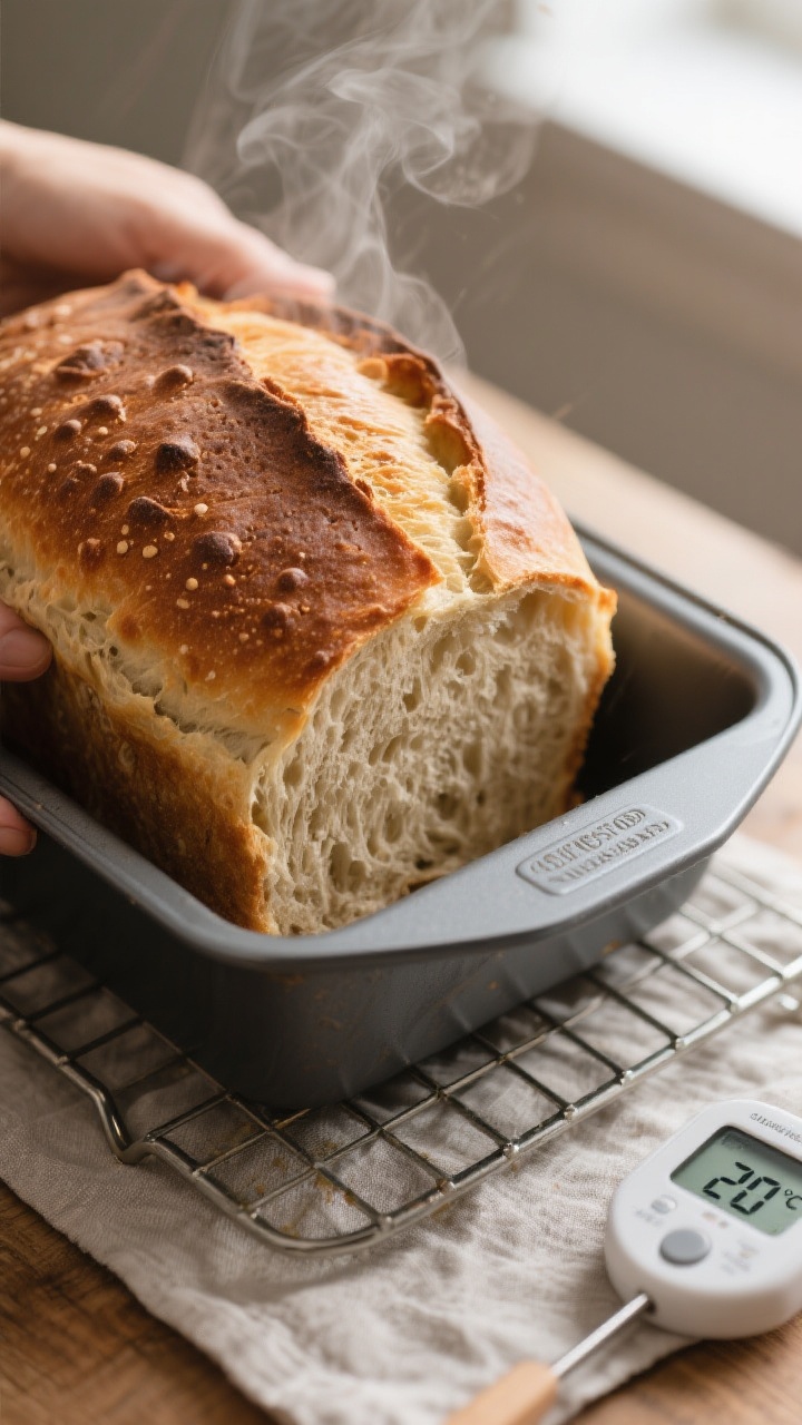Close-up detail shot of a just-baked sourdough loaf from a bread machine, still in the nonstick pan