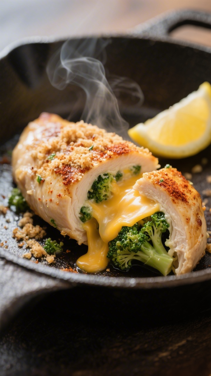 Close-up detail shot of a just-cut Broccoli and Cheese Stuffed Chicken breast on a warm skillet, sho