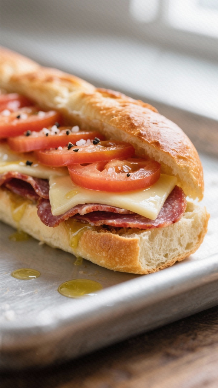 Close-up detail shot of a just-toasted Italian sub roll loaded with warmed Genoa salami and softened