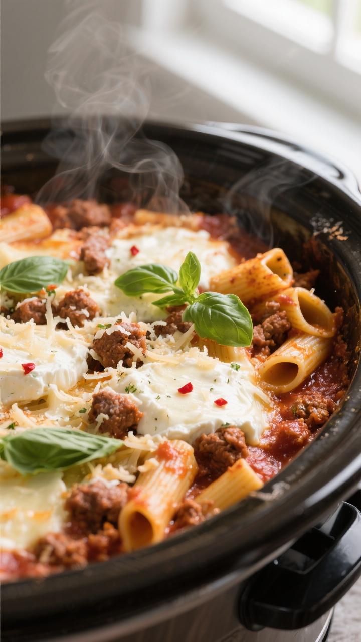 Close-up detail shot of crockpot baked ziti just after the “melty finish,” showing gooey, string