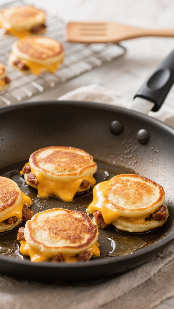 Close-up detail shot of freshly cooked McGriddle Bites on a butter-brushed nonstick skillet, golden-
