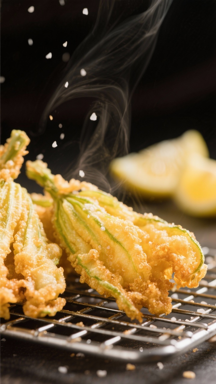 Close-up detail shot of freshly fried squash blossoms resting on a wire rack, golden and shatter-cri