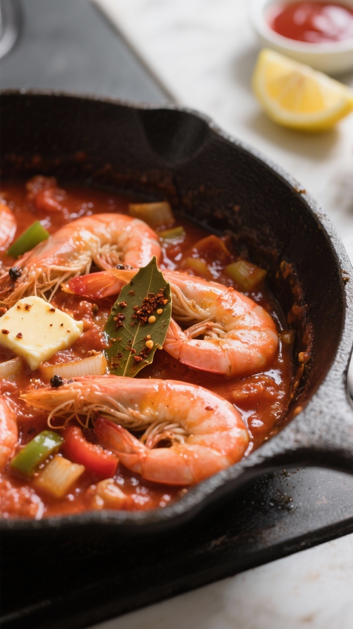 Close-up detail shot of prawns just cooked in Creole sauce: plump pink prawns nestled in a thick, si