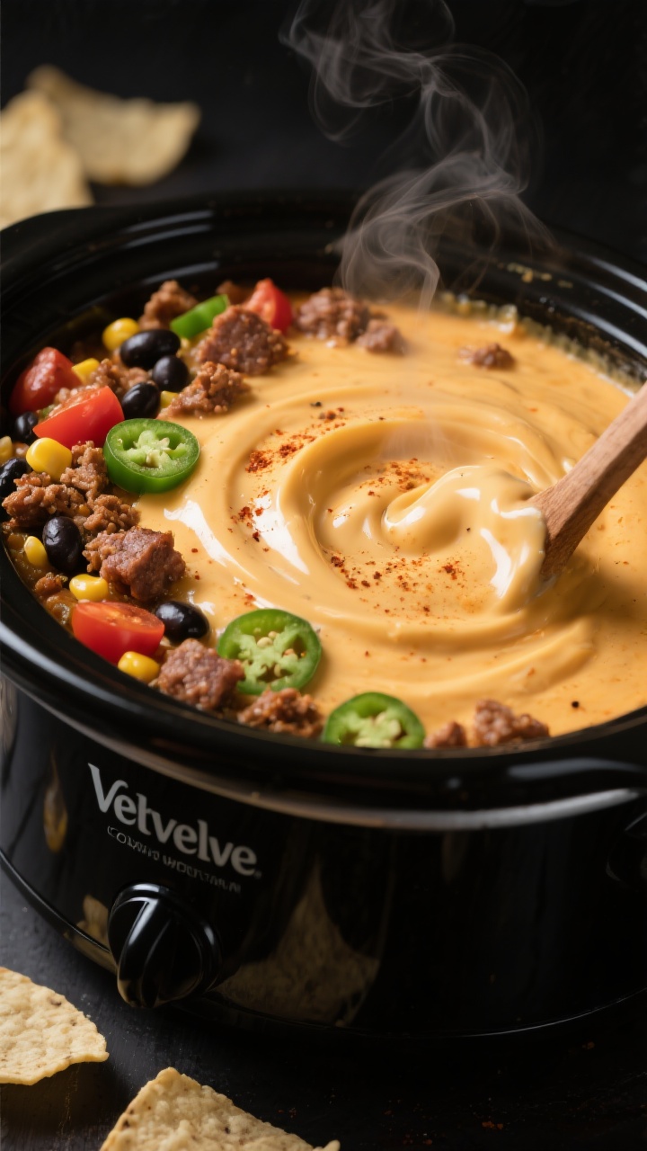 Close-up detail shot of silky cowboy queso being stirred in a black slow cooker on Warm: ribbons of 