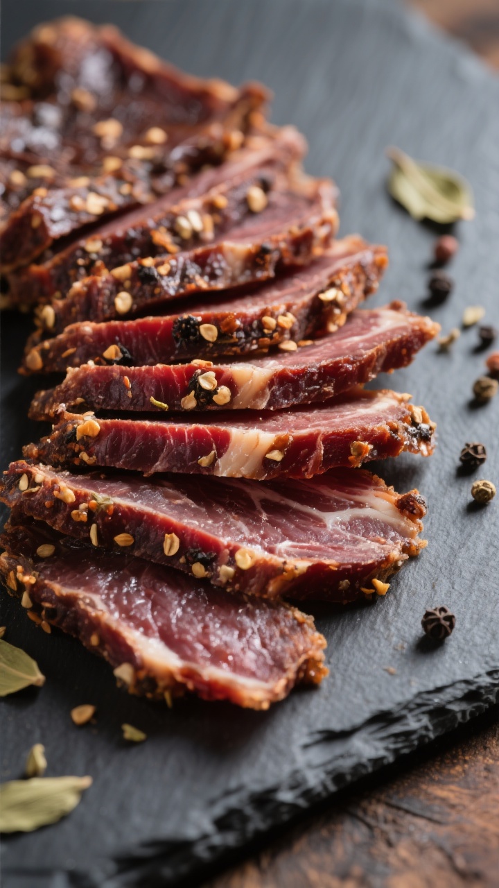 Close-up detail shot: Sliced traditional beef biltong, fully dried and ready to eat, fanned out on a