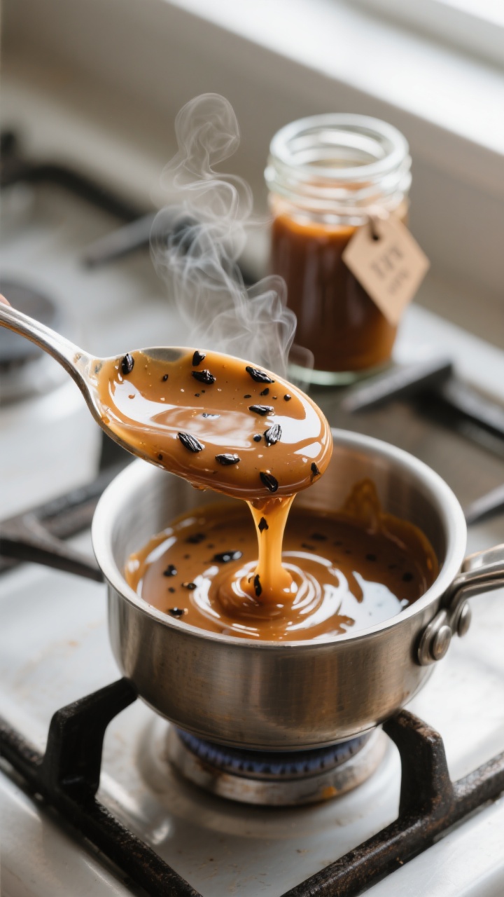 Close-up detail shot: Thick, glossy homemade vanilla bean paste being slowly poured from a spoon bac