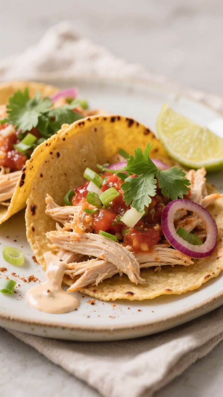 Close-up final plate of Chicken Salsa Shred tacos: juicy shredded chicken glistening with salsa, spe