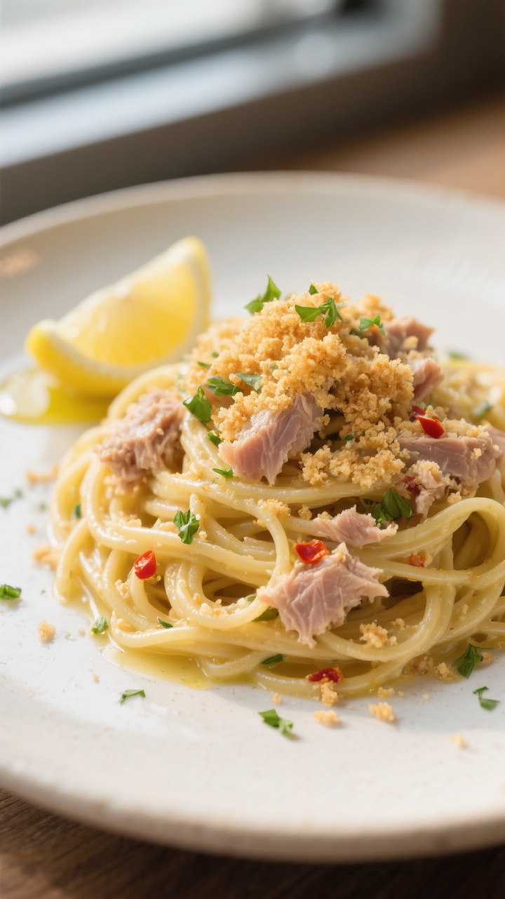 Close-up final plate of Tuna Pasta with Lemon and Breadcrumbs: tangle of pasta coated in silky, lemo