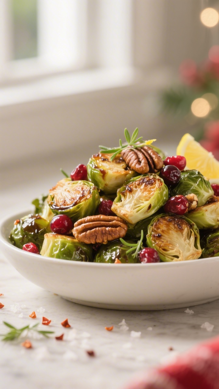 Close-up, final plated Brussels sprouts in the “Cranberry-Pecan Holiday” variation: glossy, oven