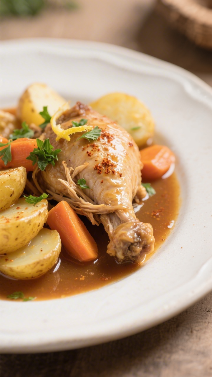 Close-up final plated dish: juicy shredded-or-whole chicken thigh with golden, tender potato halves 