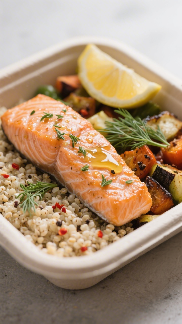 Close-up final plated meal prep container: a neat portion of fluffy quinoa on one side, roasted mixe