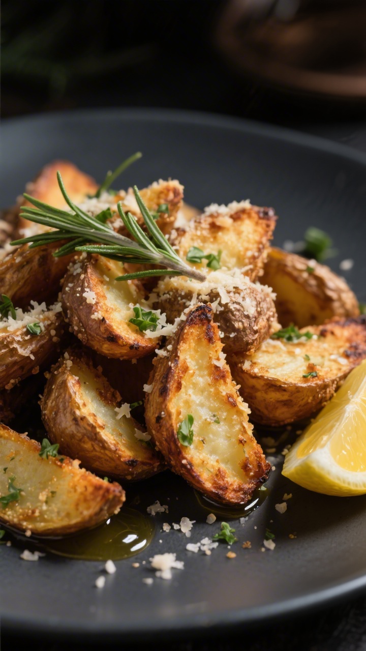 Close-up final plating of Parmesan-herb crispy potatoes: mound of deeply browned, rough-edged wedges