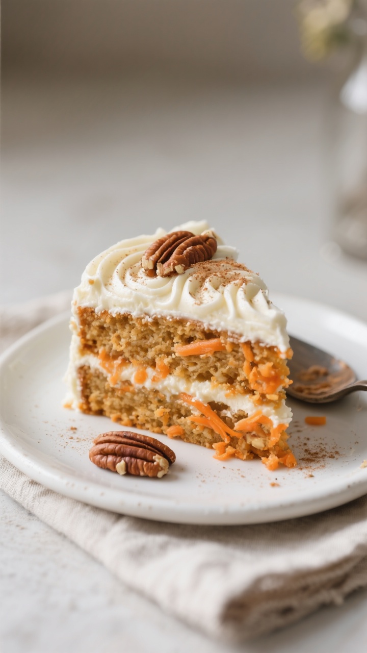 Close-up final presentation of a frosted gluten-free carrot layer cake slice on a white ceramic plat