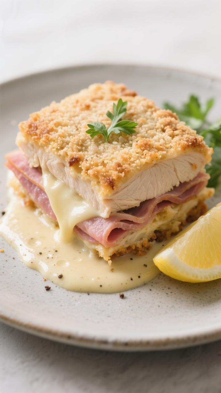 Close-up plated serving of Chicken Cordon Bleu Casserole: one neat square on a matte stoneware plate