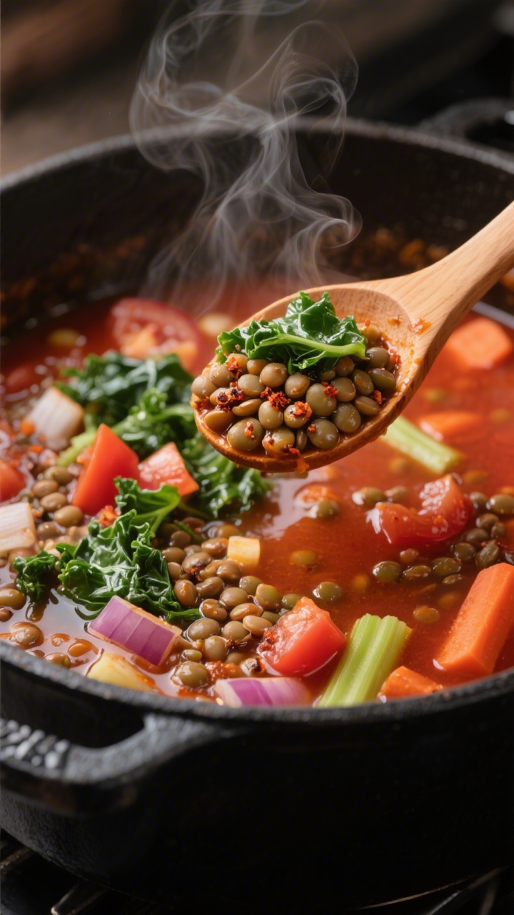 Close-up, process-action shot of Hearty Lentil & Vegetable Soup mid-simmer in a matte black Dutch ov