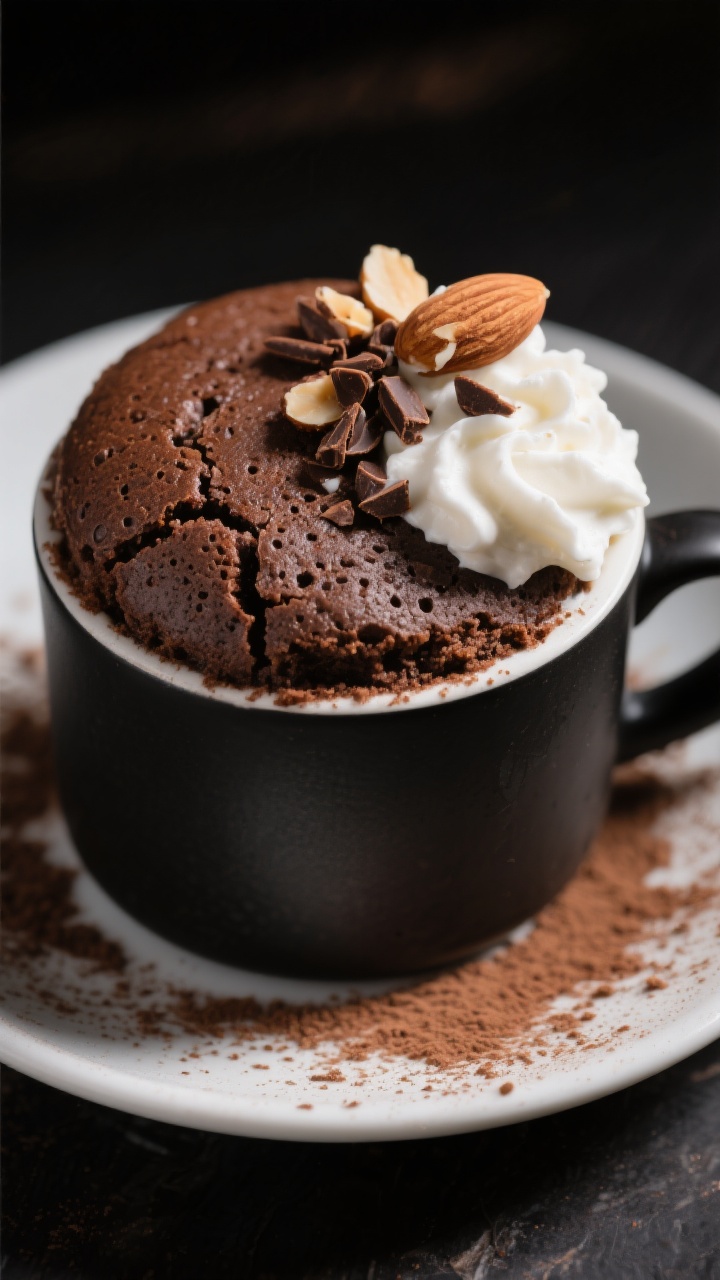 Close-up, process-focused shot of a just-cooked 5-Minute Chocolate Mug Cake in a matte black mug, su