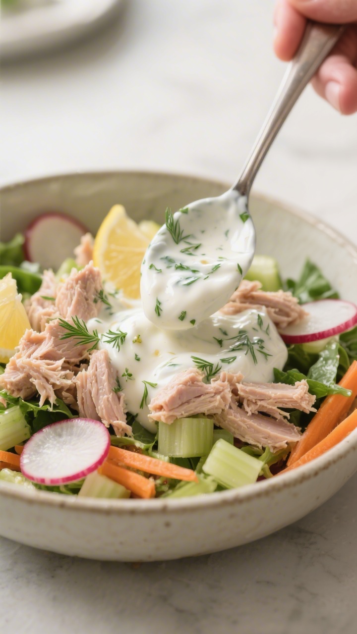 Close-up, process moment of the creamy herbed tuna dressing being folded into the prepared salad: fl
