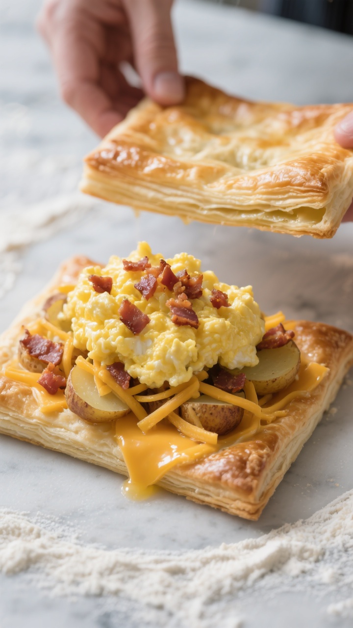 Close-up process shot of assembly on a lightly floured surface: a bottom puff pastry rectangle toppe