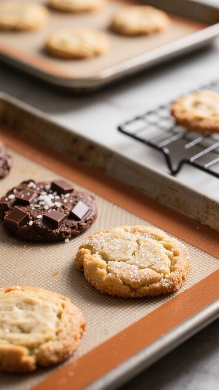 Close-up process shot of baked cookies just out of the oven on a silicone mat, captured at a low 45-