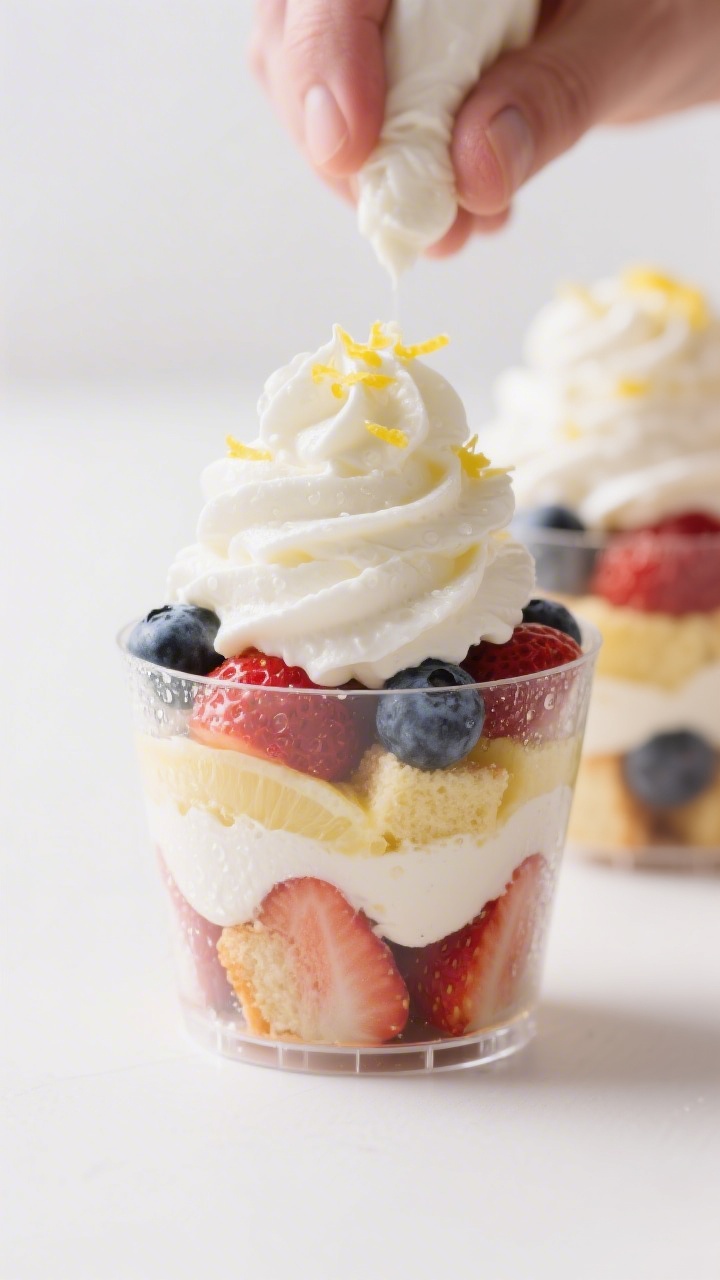 Close-up process shot of Lemon Berry Trifle Cups being assembled in clear small cups: visible layers