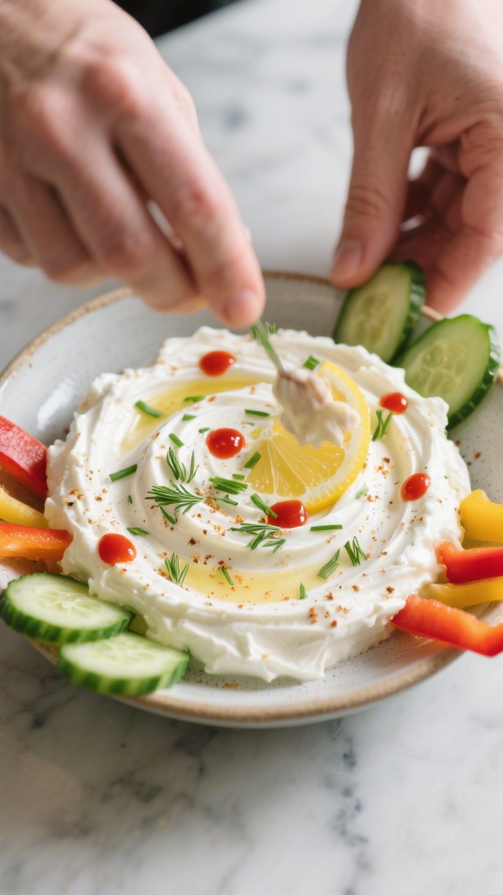 Close-up process shot of “Spicy Garden Dip” being finished: whipped cottage cheese in a low, wid