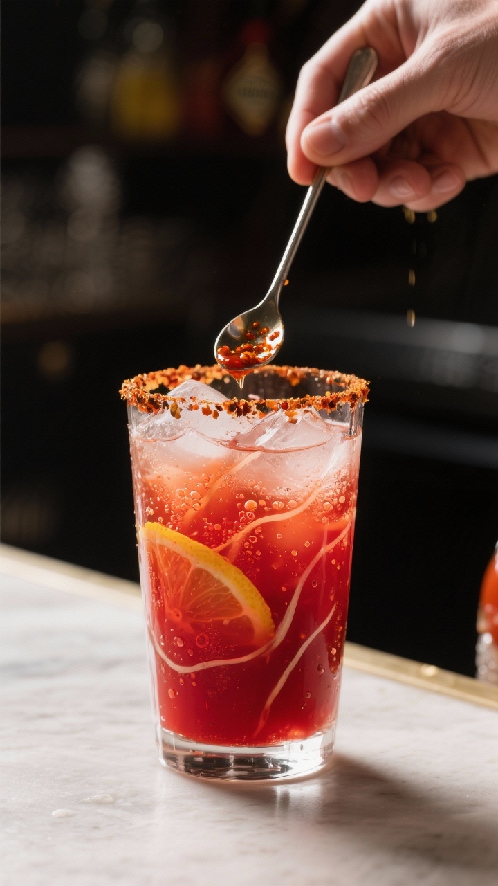 Close-up process shot of the Bloody Molly base being stirred, not shaken, in a clear mixing glass pa