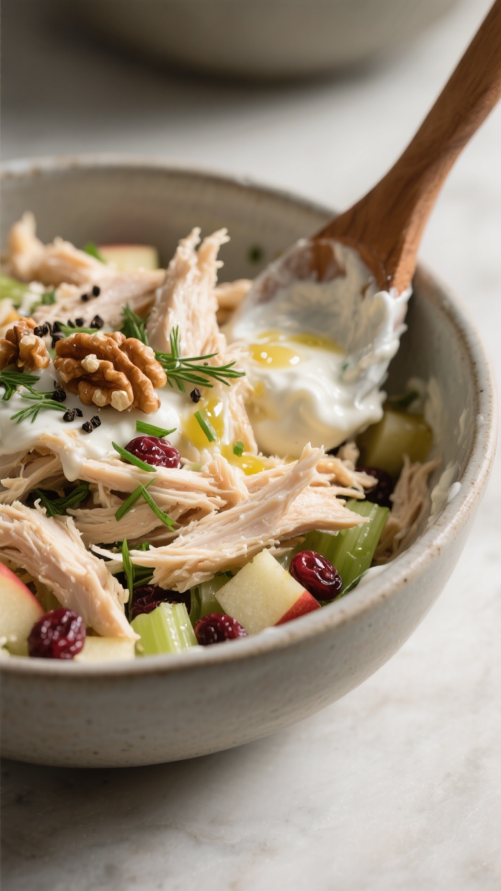 Close-up, shallow depth-of-field action shot of the final “combine” step: glossy, tender shredde