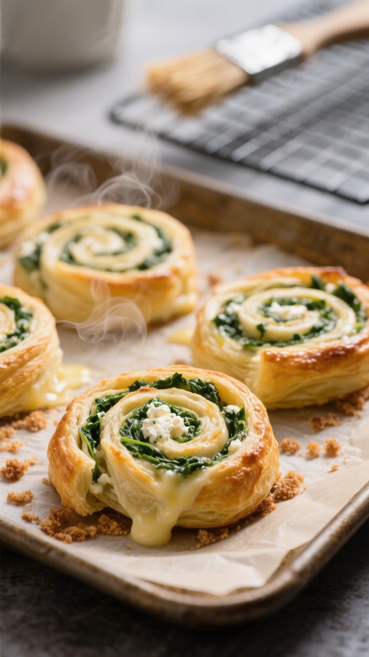Close-up, shallow depth-of-field cooking process shot of spinach feta pinwheels just out of the oven