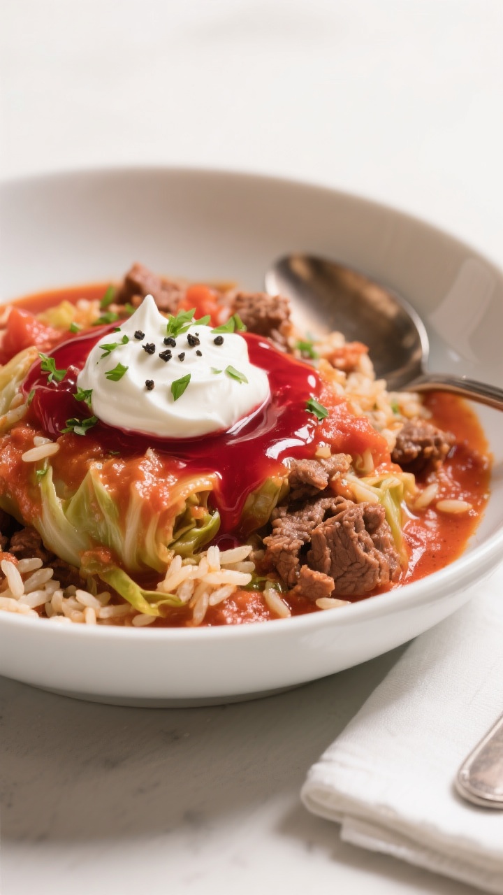 Close-up, three-quarter angle of a final plated bowl of unstuffed cabbage rolls: generous ladle of t