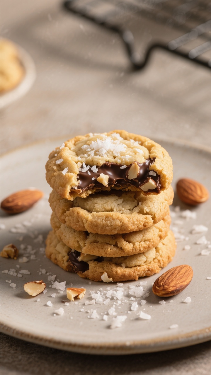 Close-up, three-quarter angle of a plated final presentation: a small stack of Almond Joy Cookies on