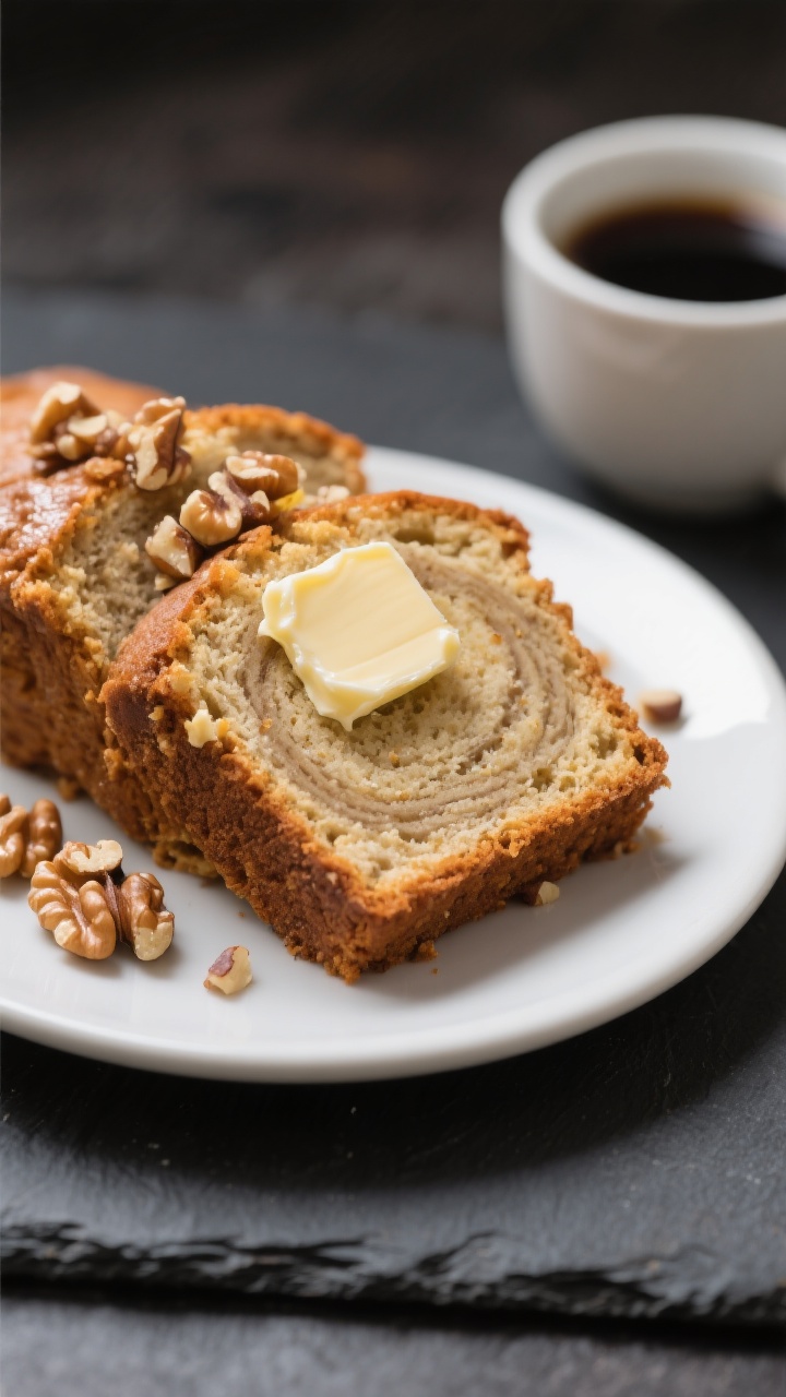 Close-up three-quarter angle of a plated slice of keto banana bread topped with a warm pat of meltin