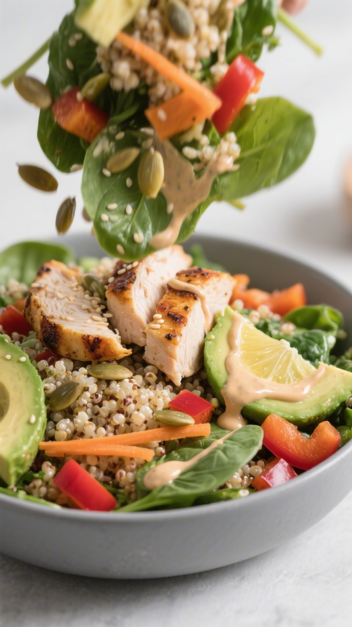 Close-up, three-quarter angle of Chicken, Quinoa, and Avocado Power Salad mid-toss: warm, fluffy qui