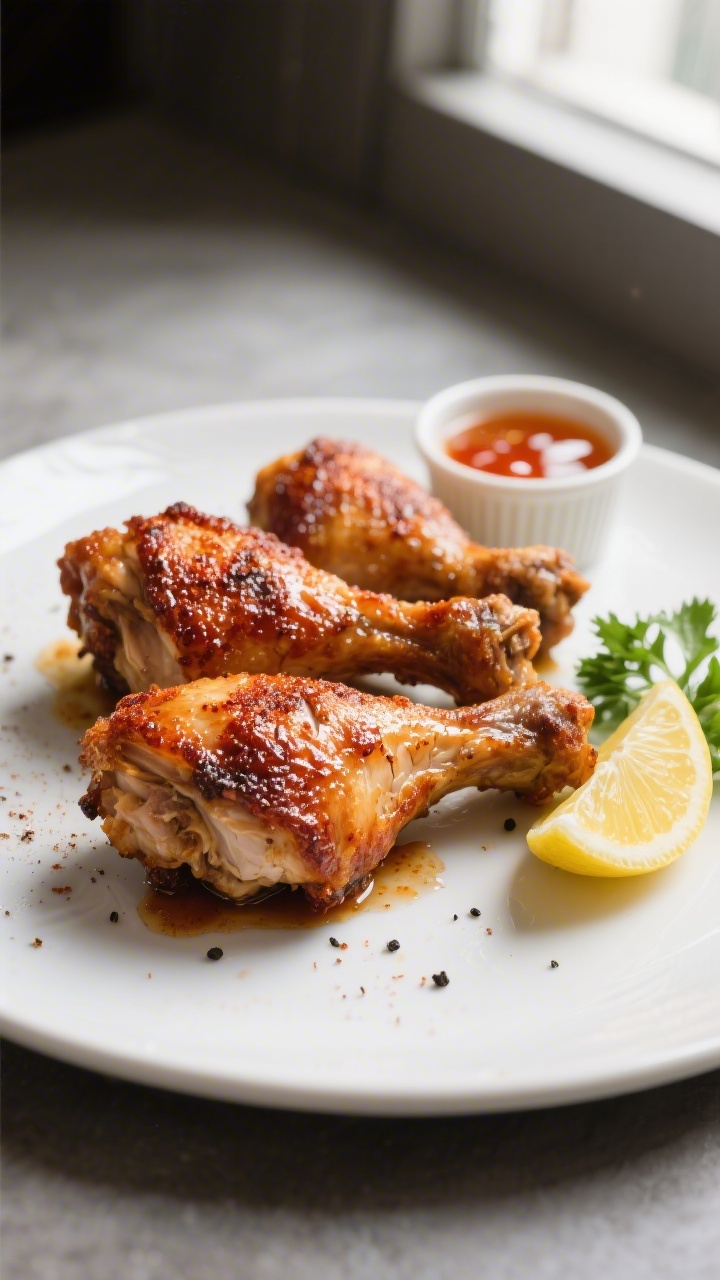 Close-up, three-quarter angle of Crispy Chicken Thighs final presentation: skin-side up on a matte w