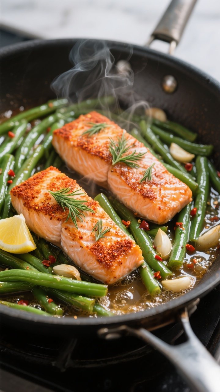 Close-up, three-quarter angle of One-Pan Salmon with Garlic Green Beans during deglaze step: seared