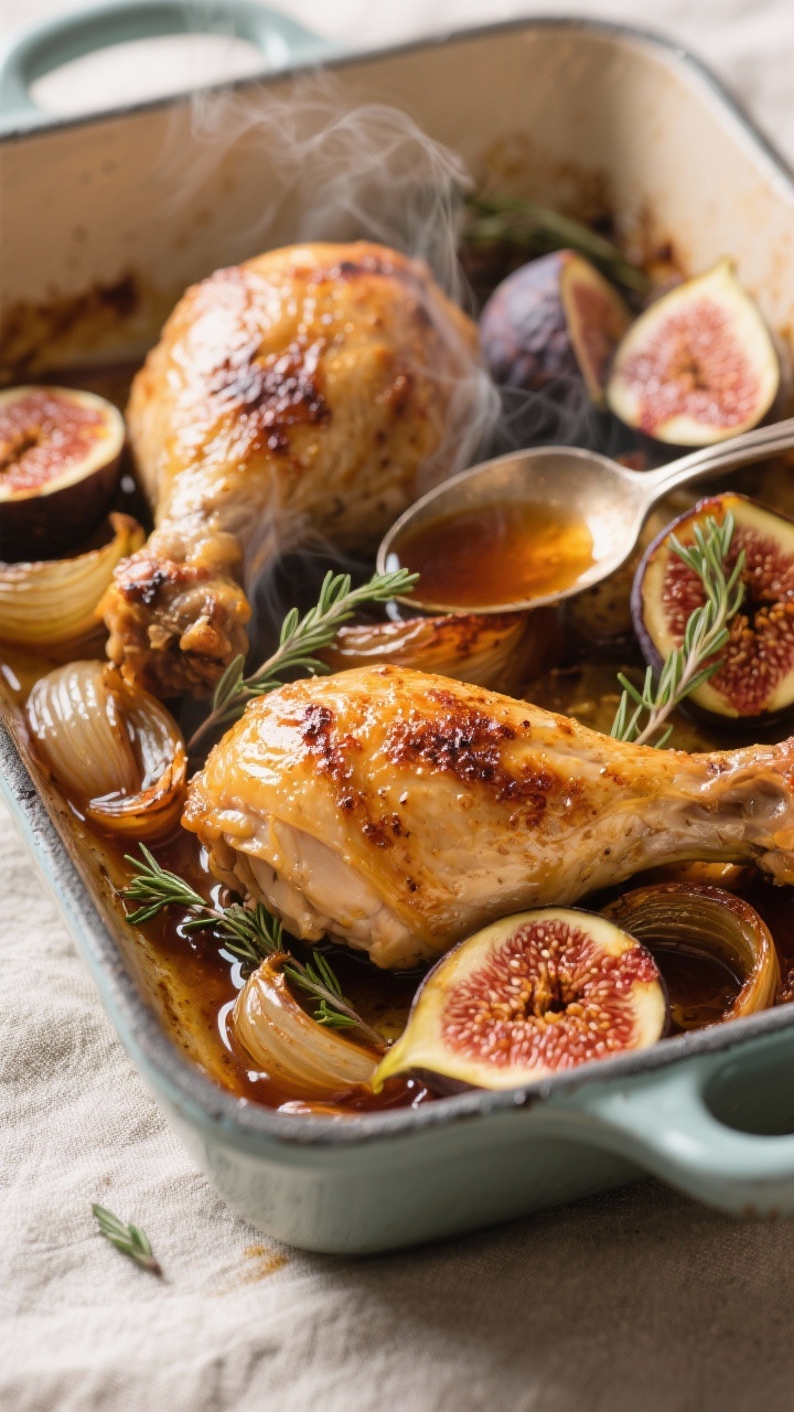 Close-up, three-quarter angle of Roasted Chicken with Figs and Shallots just out of the oven: bone-i