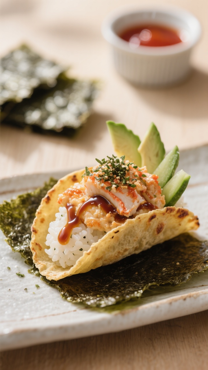 Close-up, three-quarter angle of serving time: a scoop of sushi bake nestled on a toasted nori sheet