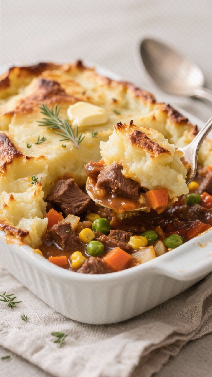 Close-up, three-quarter angle of venison shepherd’s pie just out of the oven in a white ceramic ba