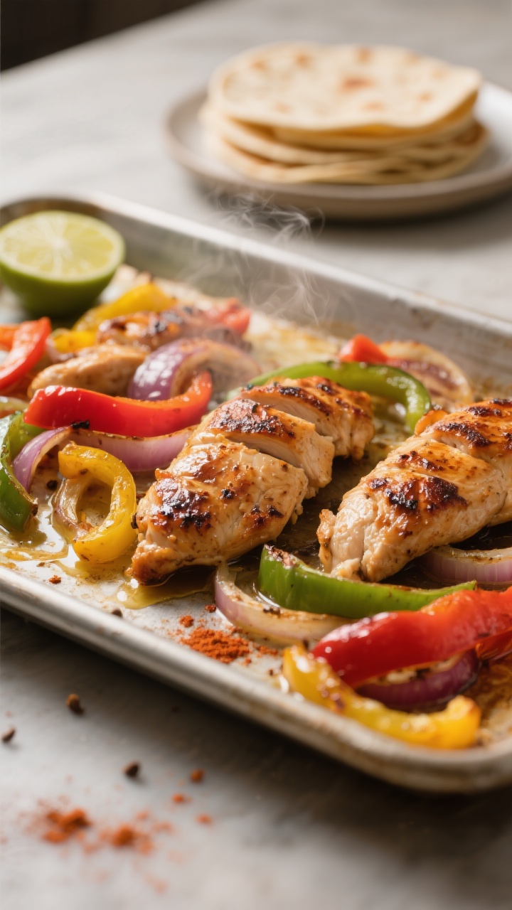 Close-up, three-quarter angle process shot of Sheet Pan Chicken Fajitas mid-roast: caramelized chick