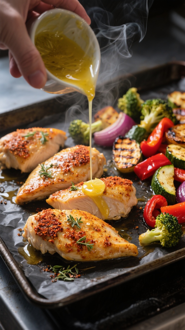 Close-up, three-quarter angle process shot of the sheet pan just out of the oven: golden, juicy chic