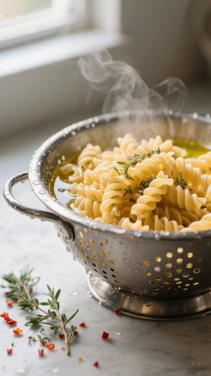 Cooking process: Al dente rotini just drained and briefly rinsed in a colander, then tossed warm wit