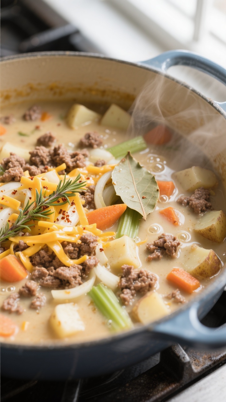 Cooking process close-up: A Dutch oven of simmering cheeseburger soup mid-cook, showing tender 1/2-i