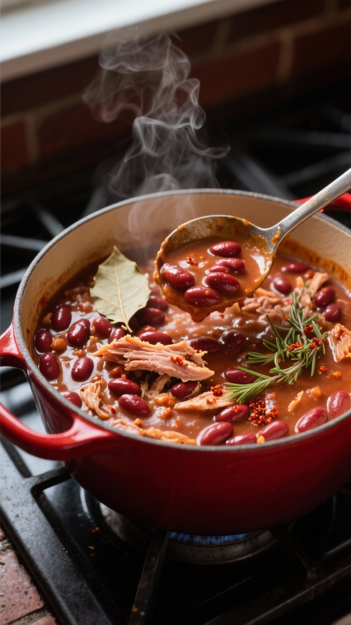 Cooking process close-up: A Dutch oven of simmering Popeyes-style red beans on the stovetop, creamy 