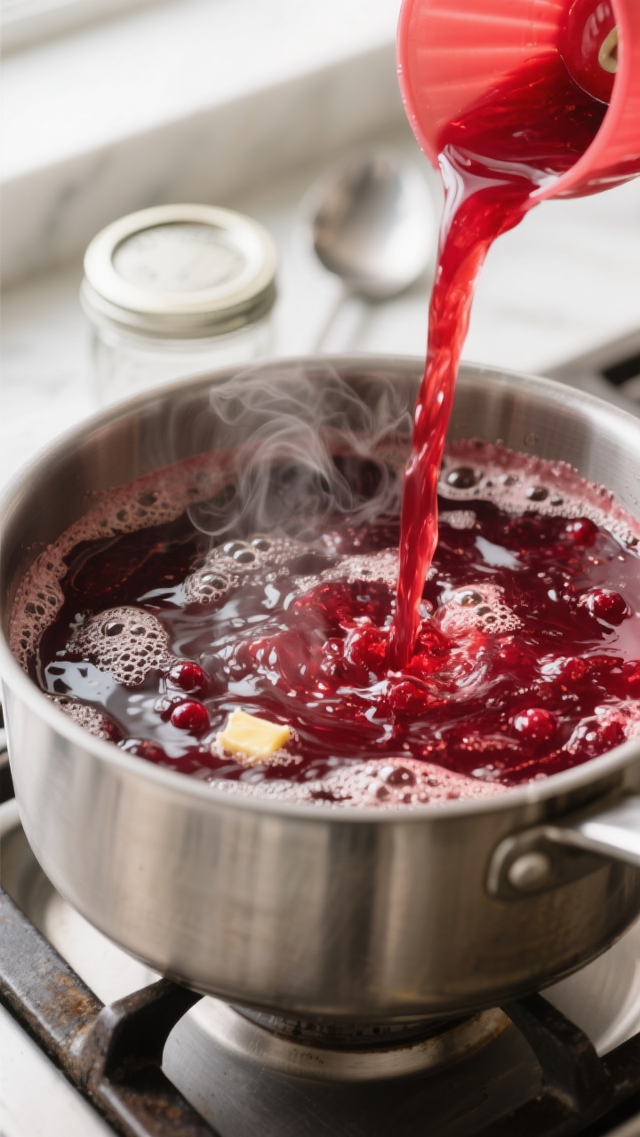 Cooking process close-up: A glossy, ruby-red stream of muscadine jelly at a full rolling boil for 1