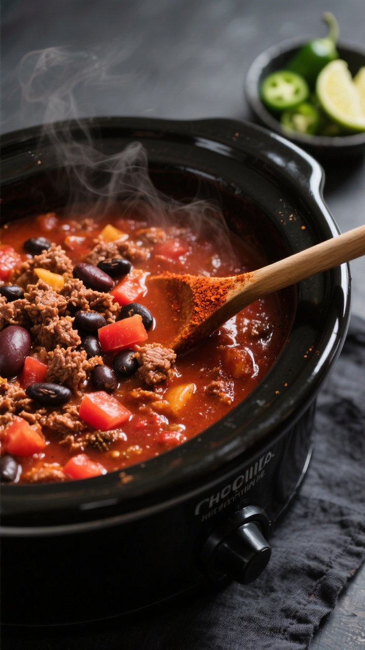 Cooking process close-up: A rich, simmering crockpot chili in a matte black slow cooker, shot at a s