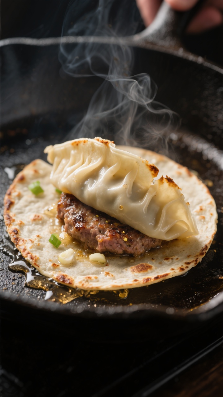 Cooking process close-up: A smash dumpling taco mid-sear in a cast-iron skillet, meat side down on t